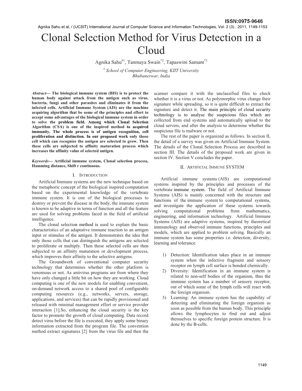 Clonal Selection Method for Virus Detection in a Cloud