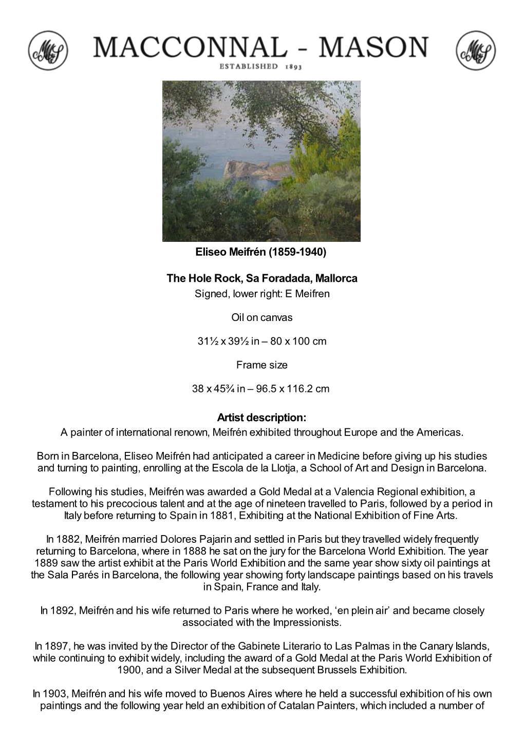 Eliseo Meifrén (1859-1940) the Hole Rock, Sa Foradada, Mallorca