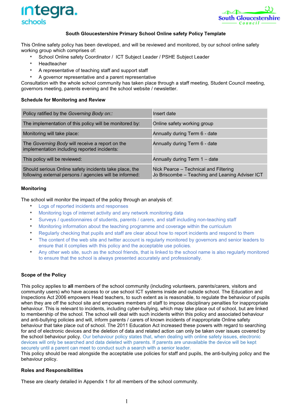 South Gloucestershire Primary School Online Safety Policy Template