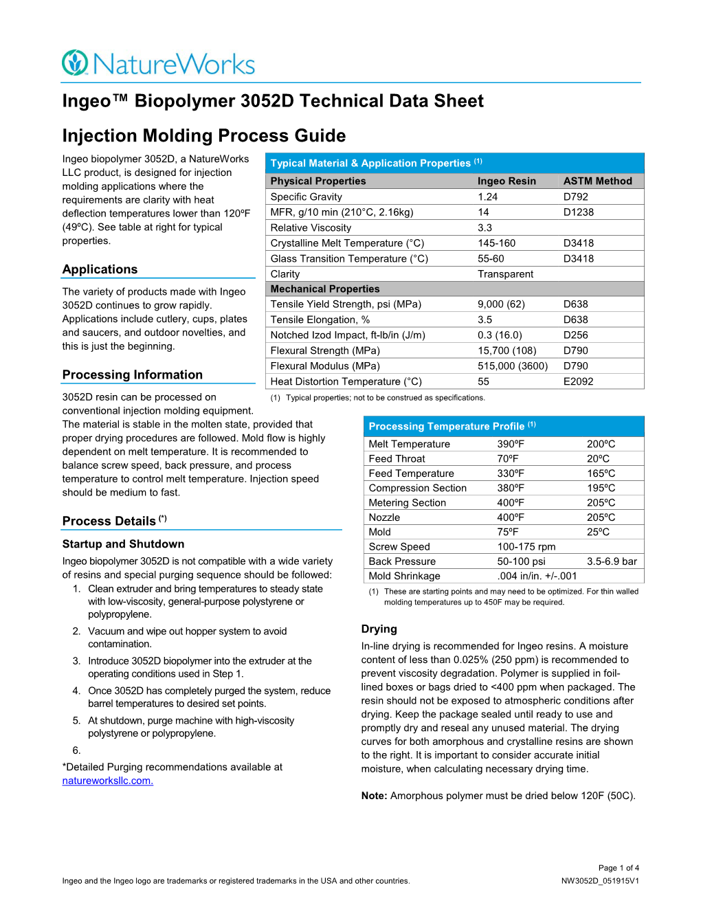 Ingeo Biopolymer 3052D Technical Data Sheet