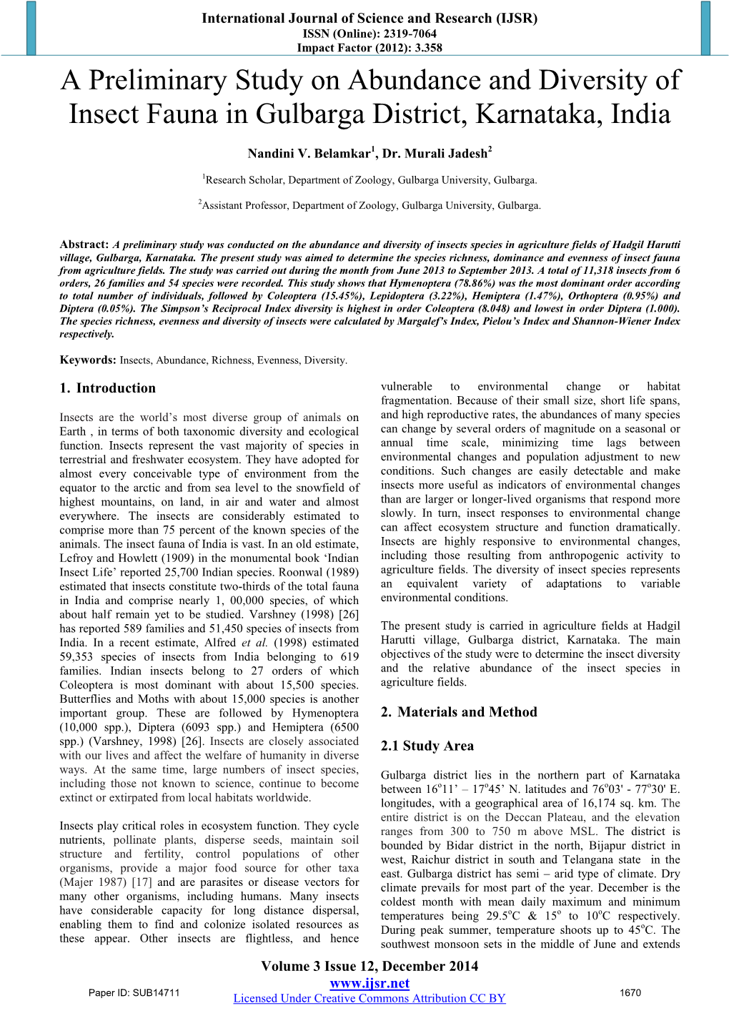 A Preliminary Study on Abundance and Diversity of Insect Fauna in Gulbarga District, Karnataka, India