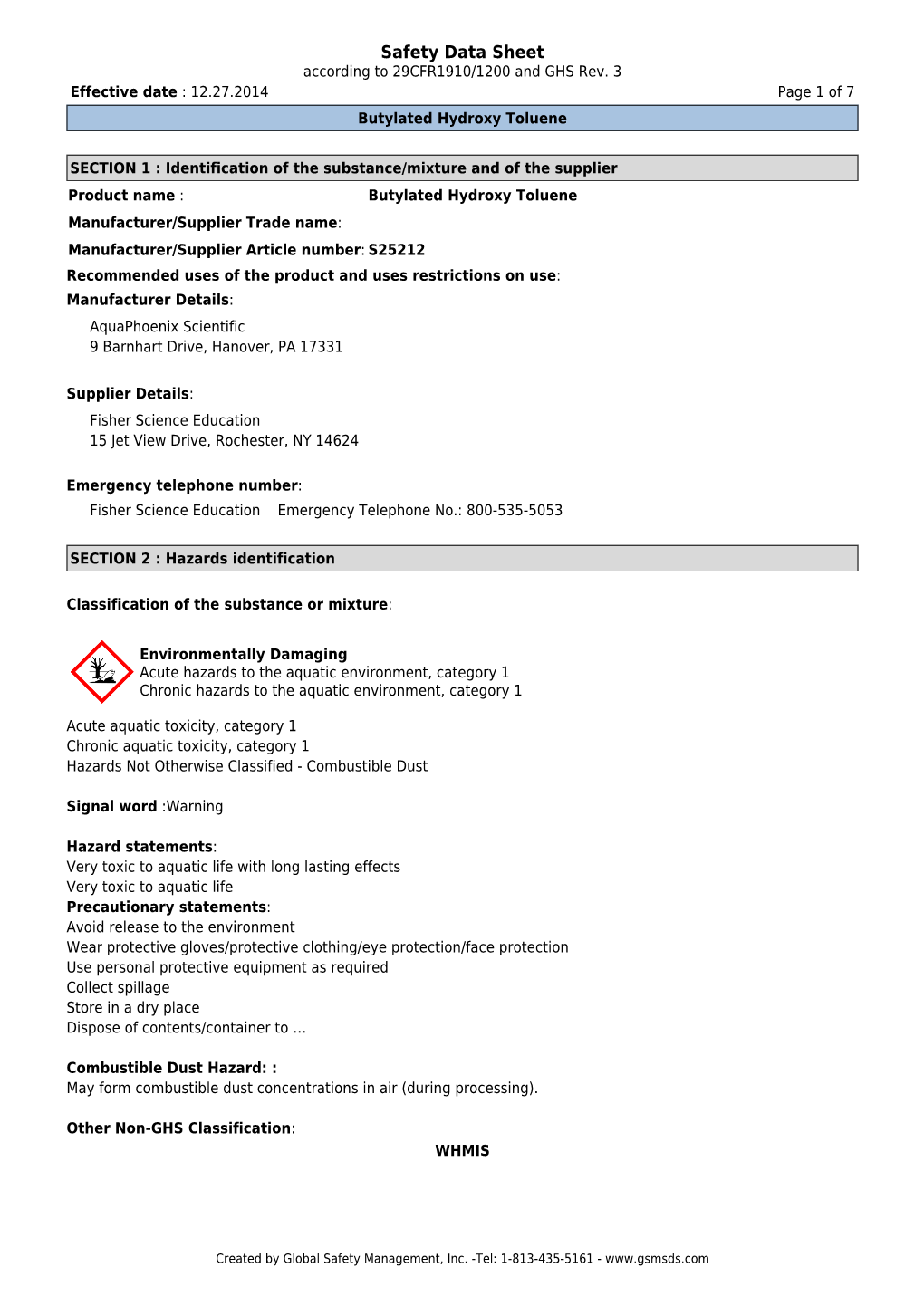 Safety Data Sheet According to 29CFR1910/1200 and GHS Rev