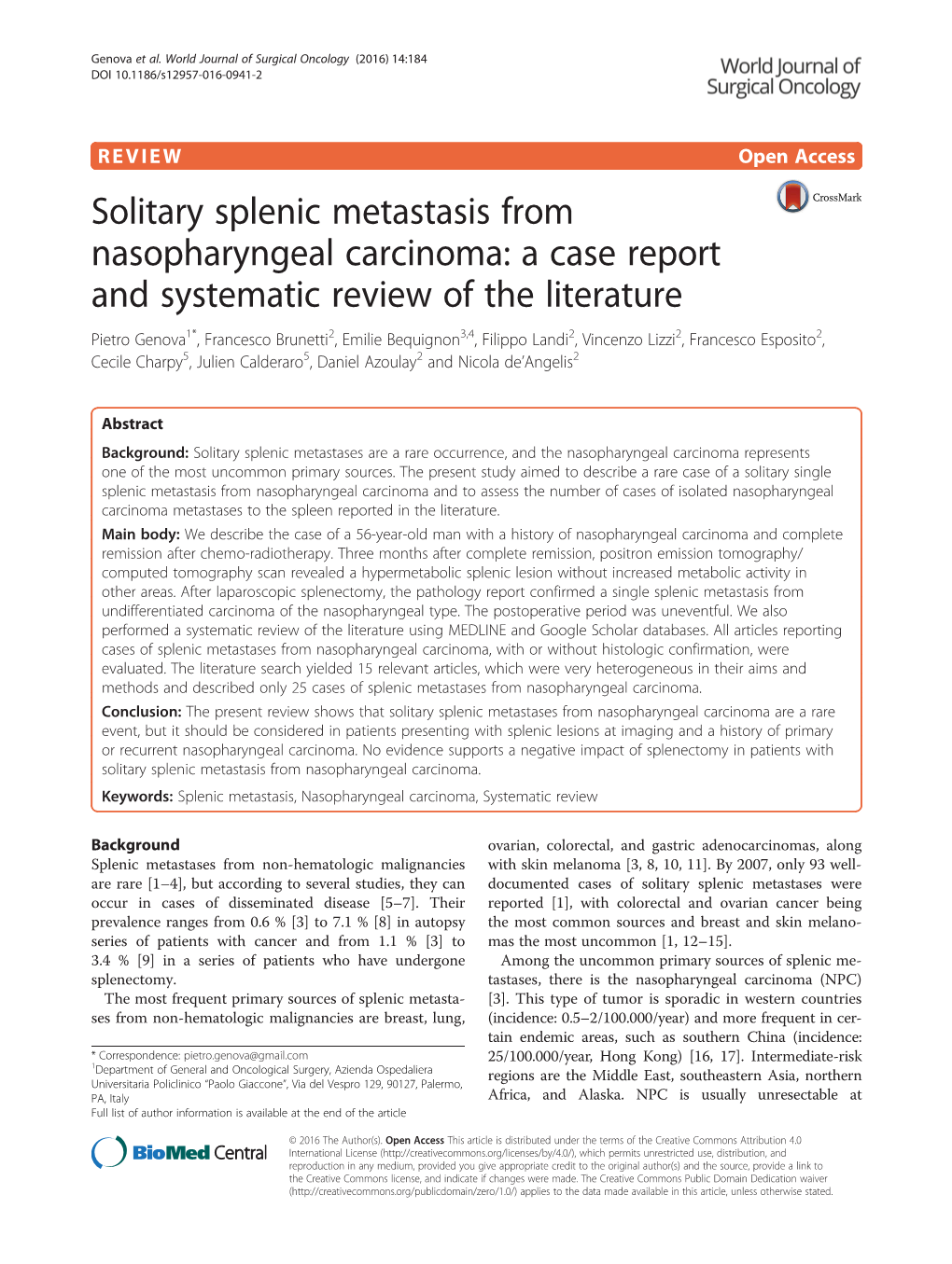 Solitary Splenic Metastasis from Nasopharyngeal Carcinoma: a Case