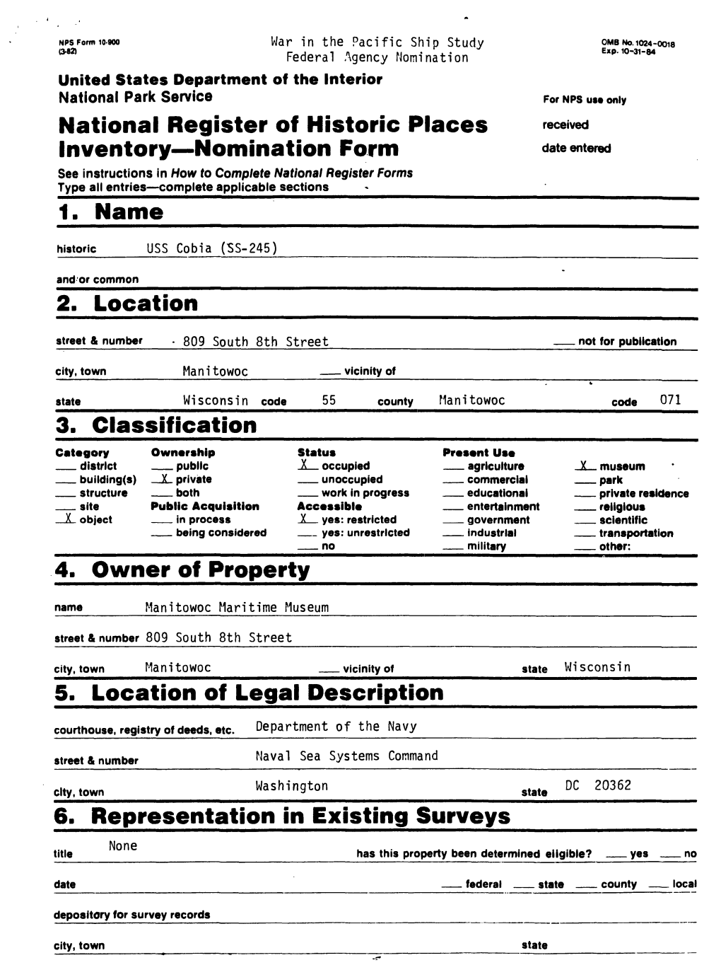 National Register of Historic Places Inventory Nomination Form / USS Cobia (SS-245)