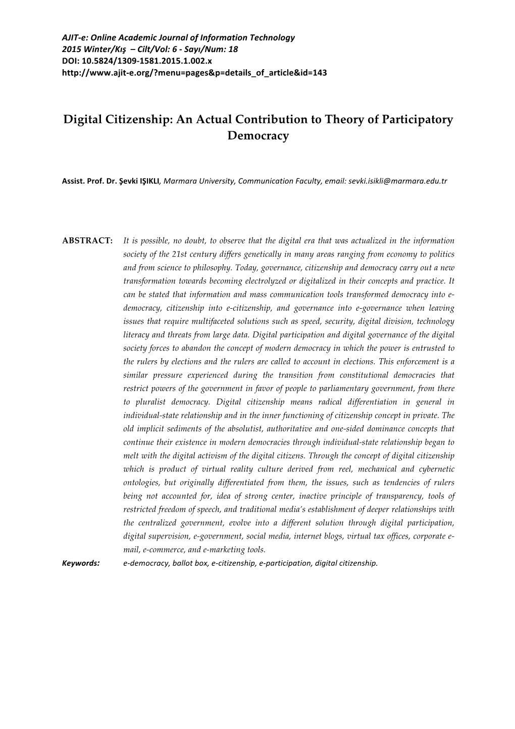 Digital Citizenship: an Actual Contribution to Theory of Participatory Democracy