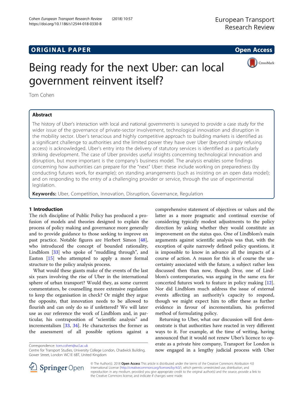 Being Ready for the Next Uber: Can Local Government Reinvent Itself? Tom Cohen