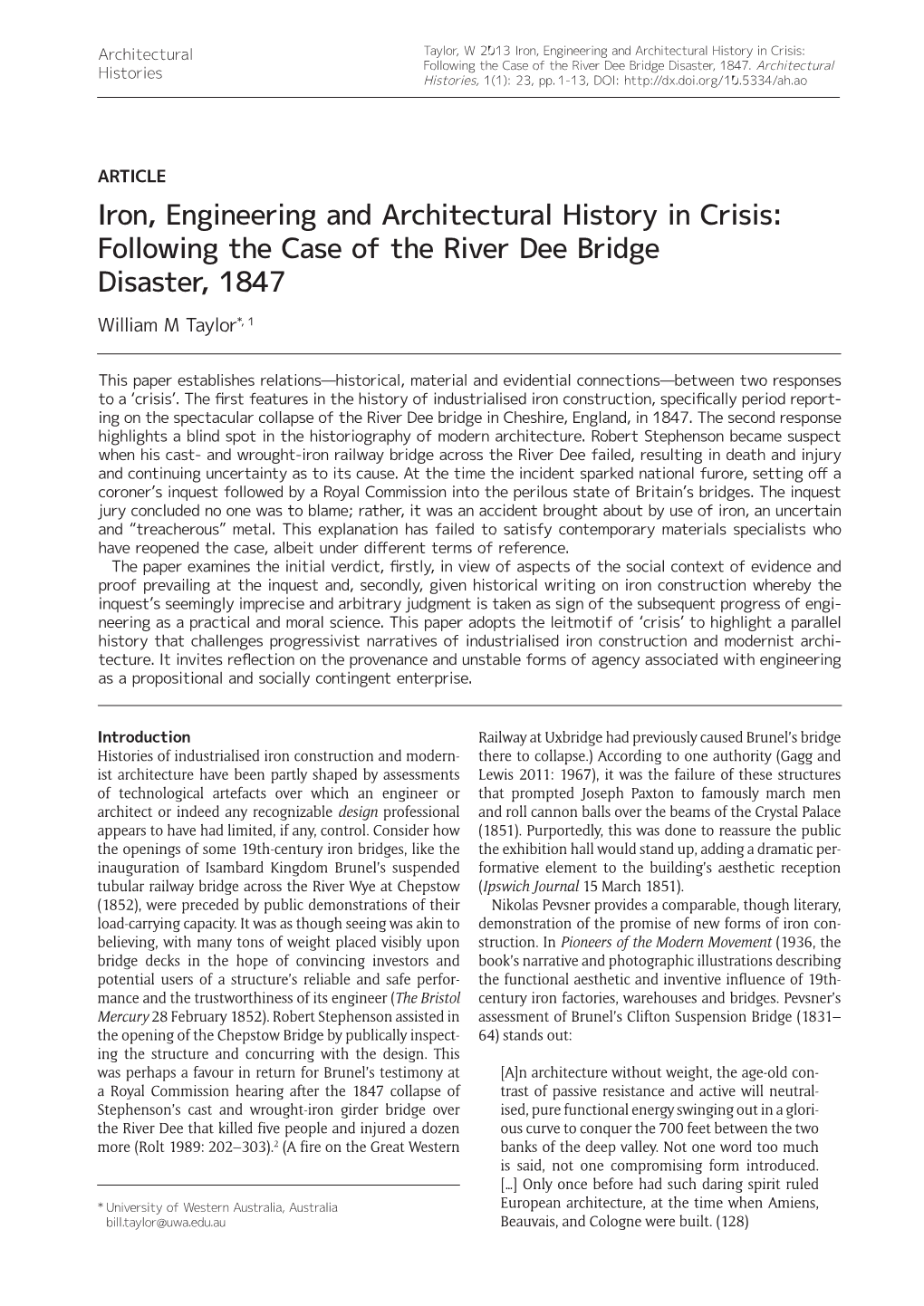 Iron, Engineering and Architectural History in Crisis: Following the Case of the River Dee Bridge Disaster, 1847