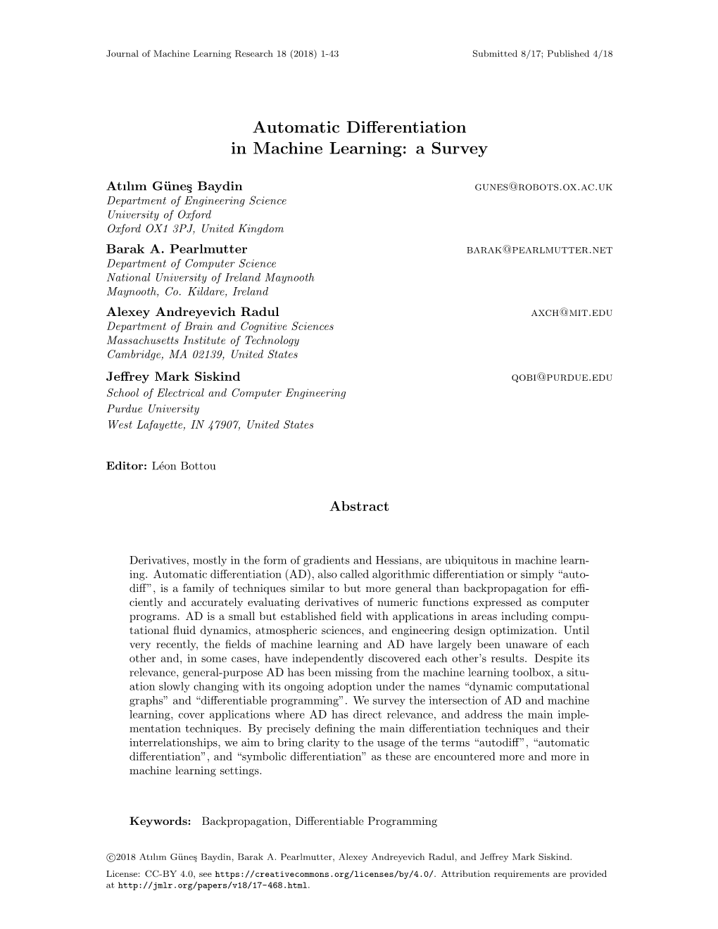 Automatic Differentiation in Machine Learning: a Survey