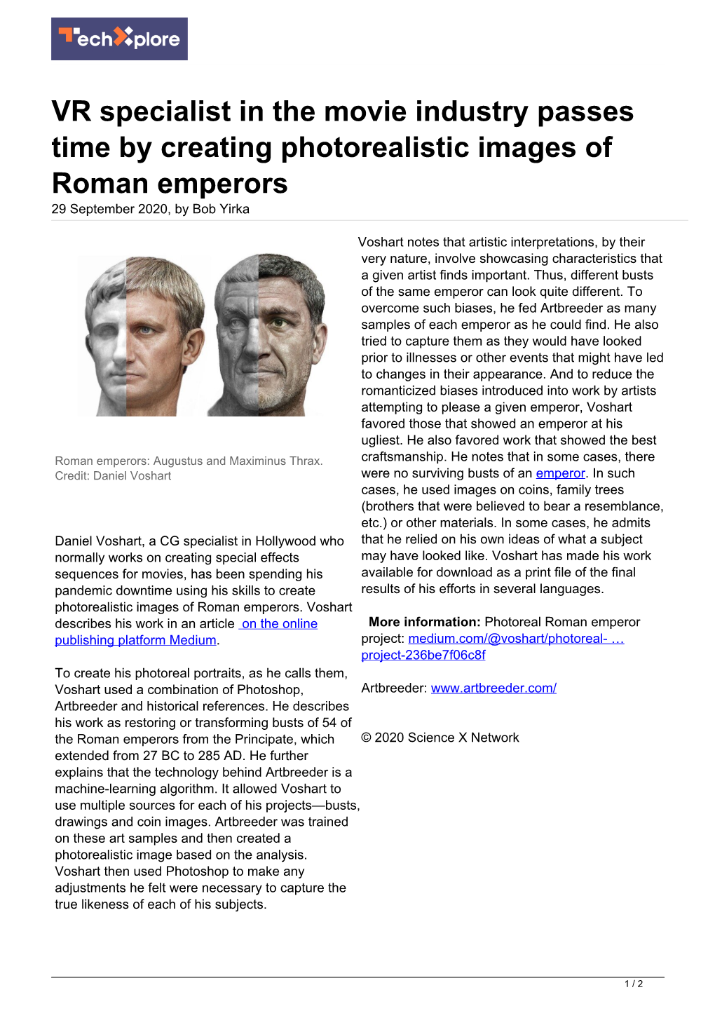 VR Specialist in the Movie Industry Passes Time by Creating Photorealistic Images of Roman Emperors 29 September 2020, by Bob Yirka