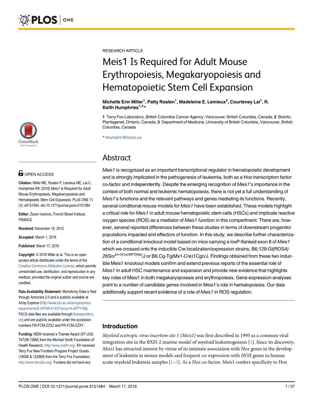 Meis1 Is Required for Adult Mouse Erythropoiesis, Megakaryopoiesis and Hematopoietic Stem Cell Expansion