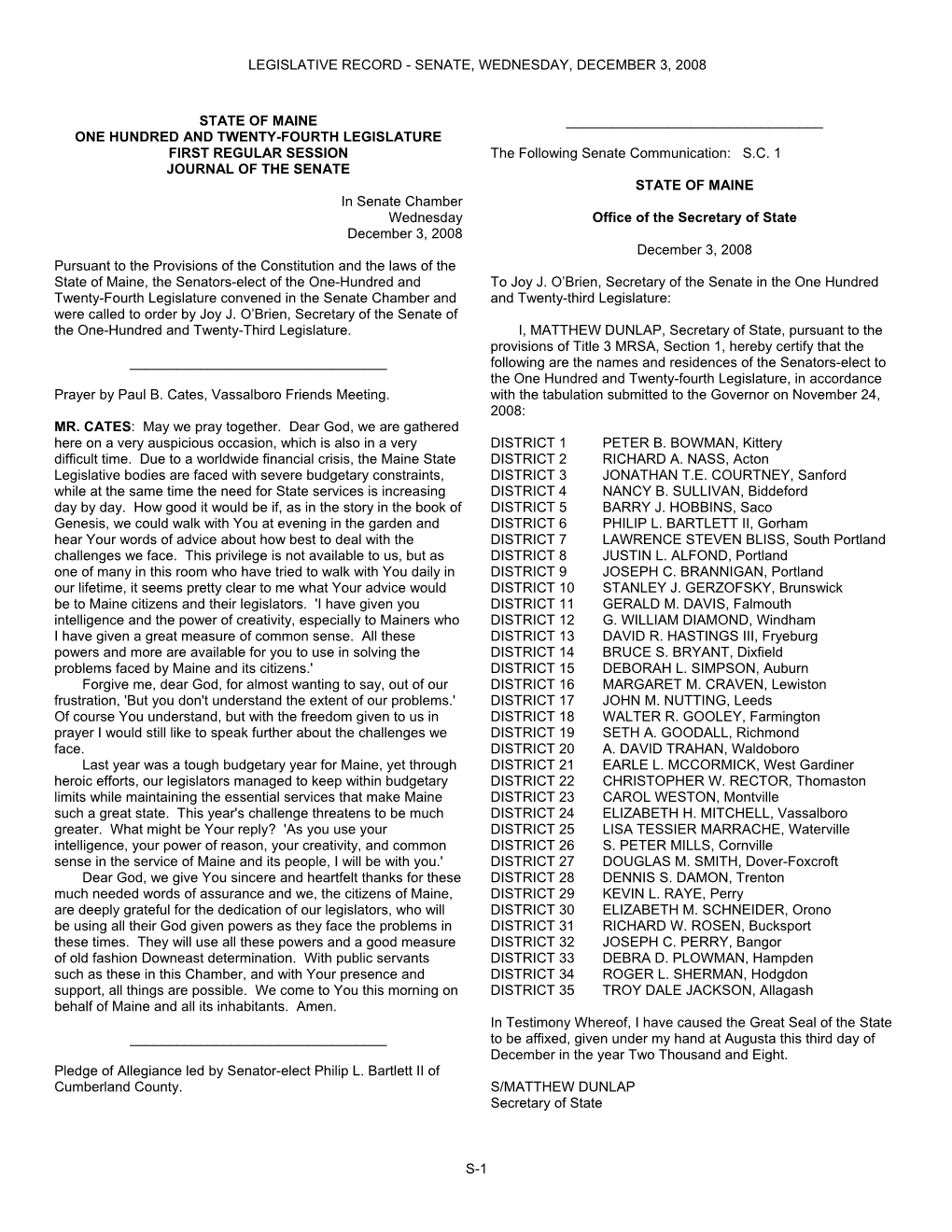 Legislative Record - Senate, Wednesday, December 3, 2008