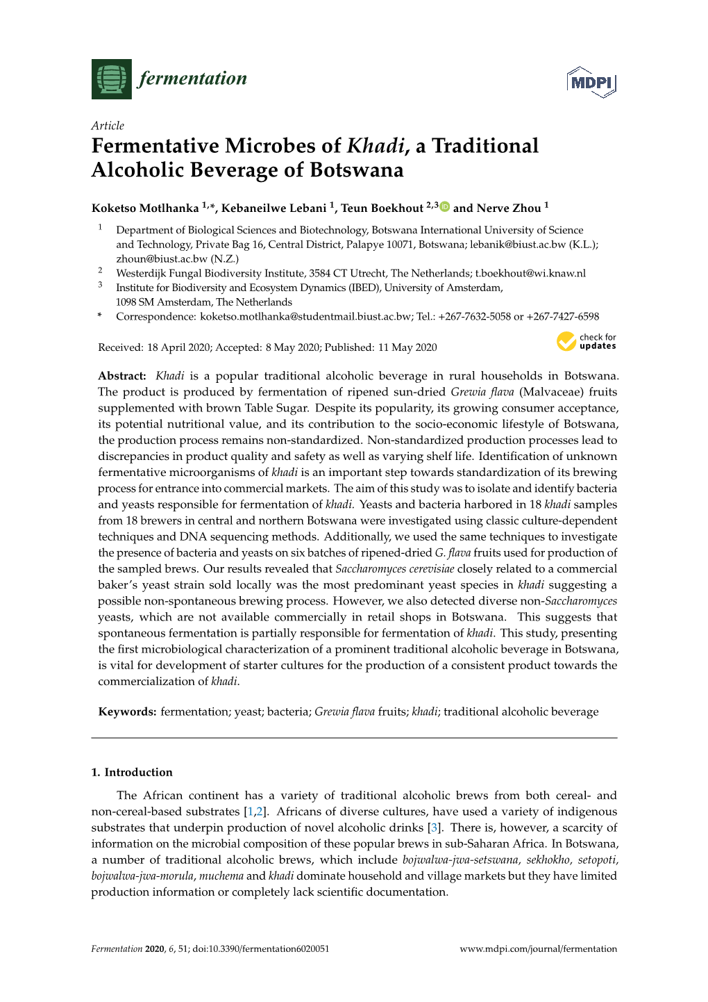 Fermentative Microbes of Khadi, a Traditional Alcoholic Beverage of Botswana