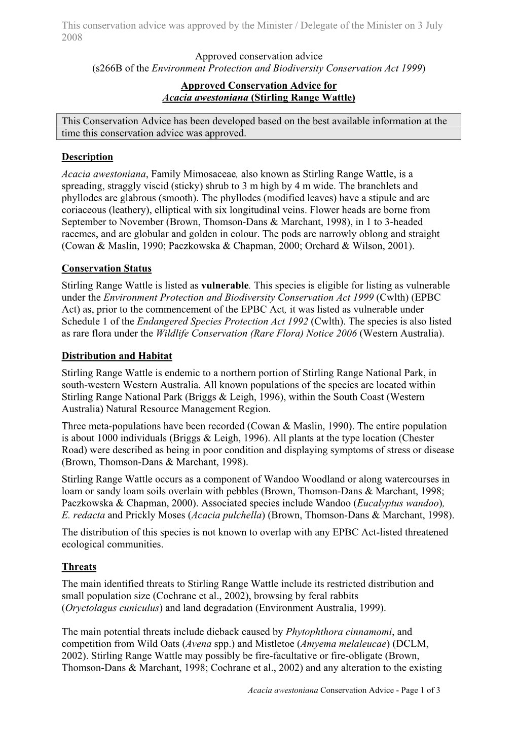 Approved Conservation Advice for Acacia Awestoniana (Stirling Range Wattle)