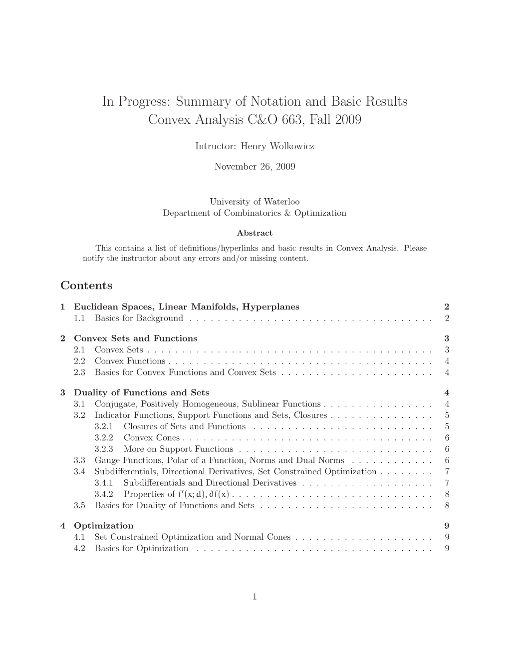 Summary of Notation and Basic Results Convex Analysis C&O 663