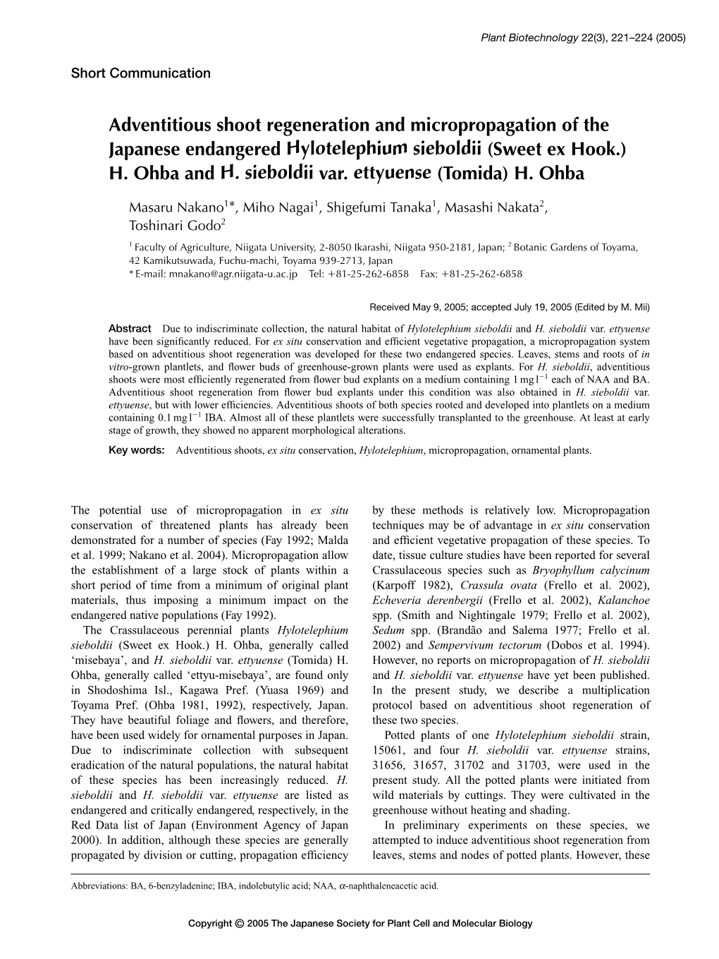 Adventitious Shoot Regeneration and Micropropagation of the Japanese Endangered Hylotelephium Sieboldii (Sweet Ex Hook.) H. Ohba and H. Sieboldii Var. Ettyuense (Tomida) H