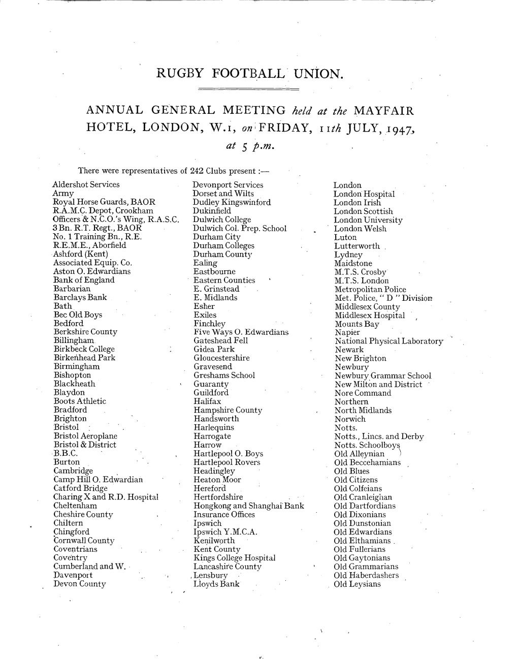 RFU Annual General Meeting 11Th July 1947