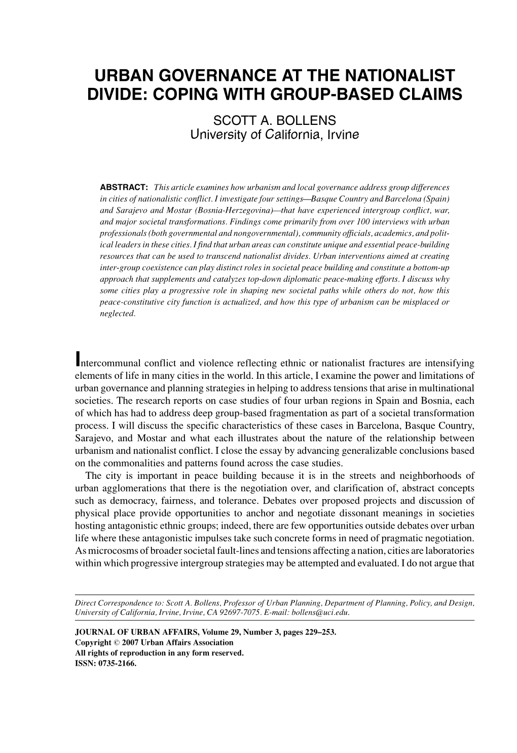 Urban Governance at the Nationalist Divide: Coping with Group-Based Claims Scott A