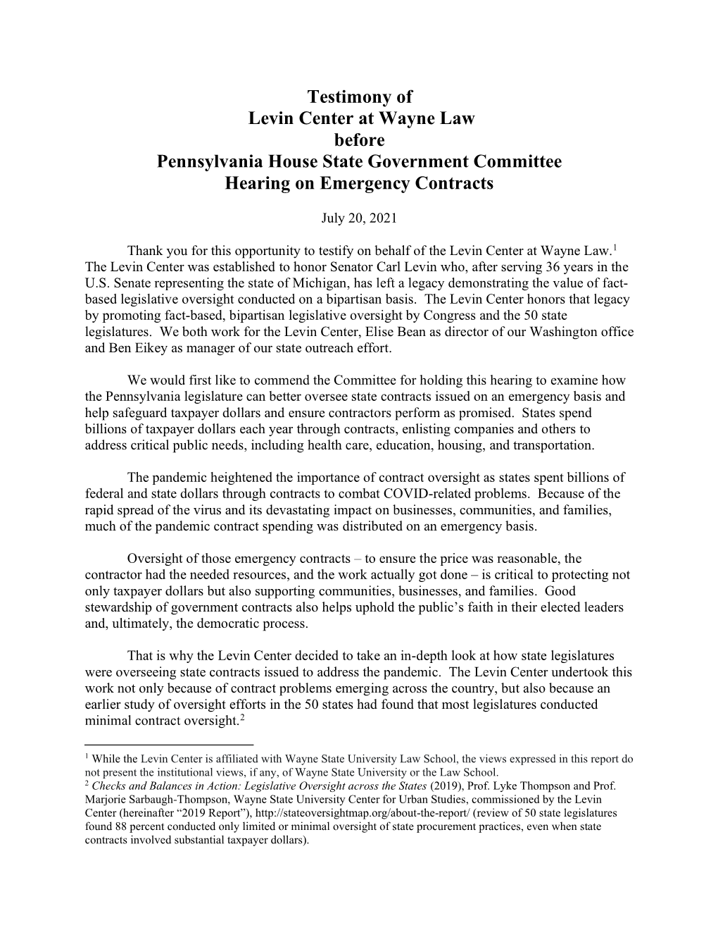 Testimony of Levin Center at Wayne Law Before Pennsylvania House State Government Committee Hearing on Emergency Contracts