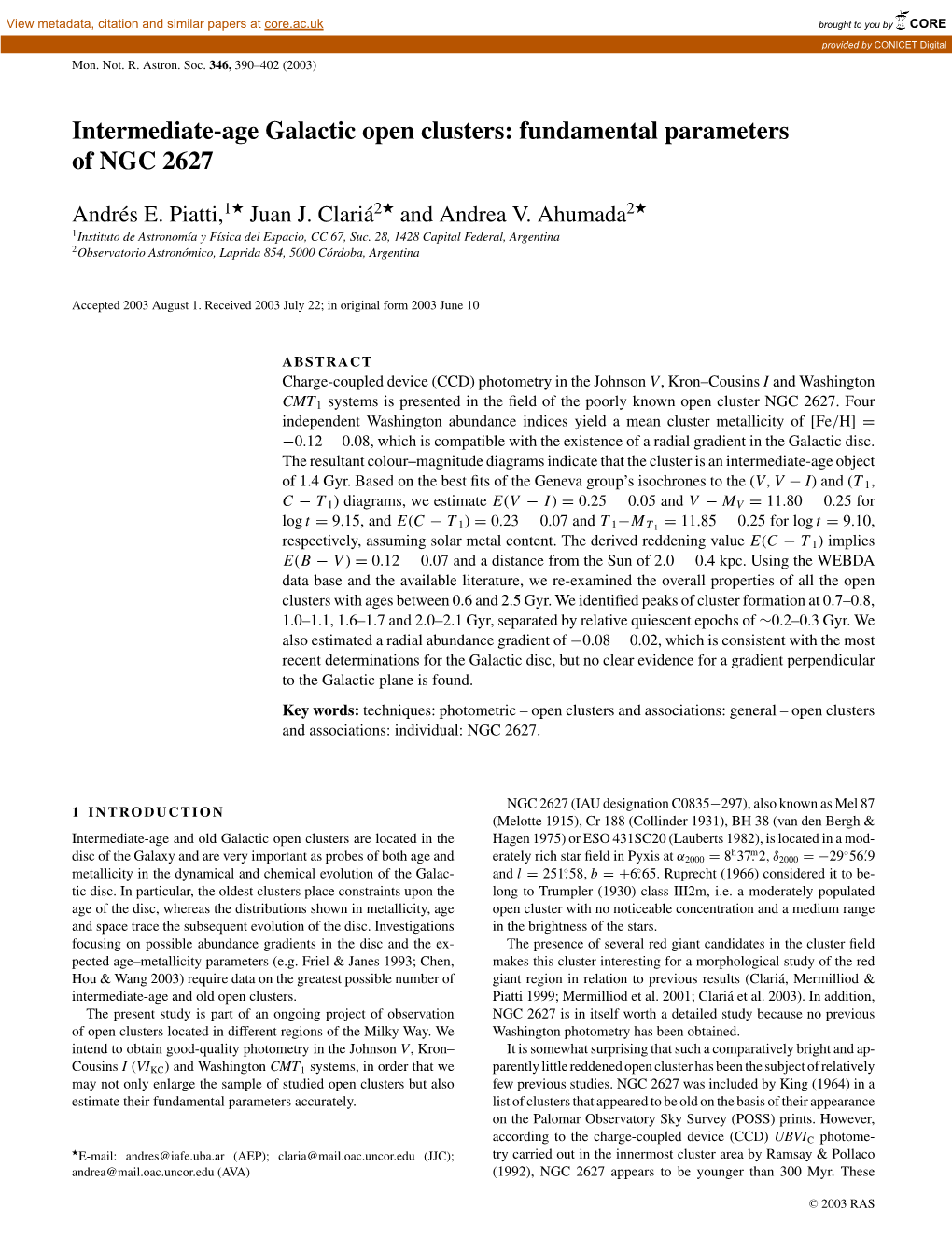 Intermediate-Age Galactic Open Clusters: Fundamental Parameters of NGC 2627    Andr´Es E