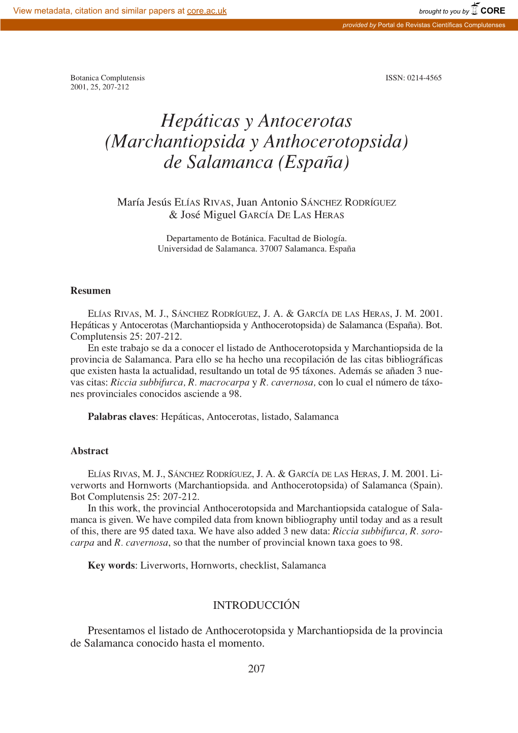 Hepáticas Y Antocerotas (Marchantiopsida Y Anthocerotopsida) De Salamanca (España)