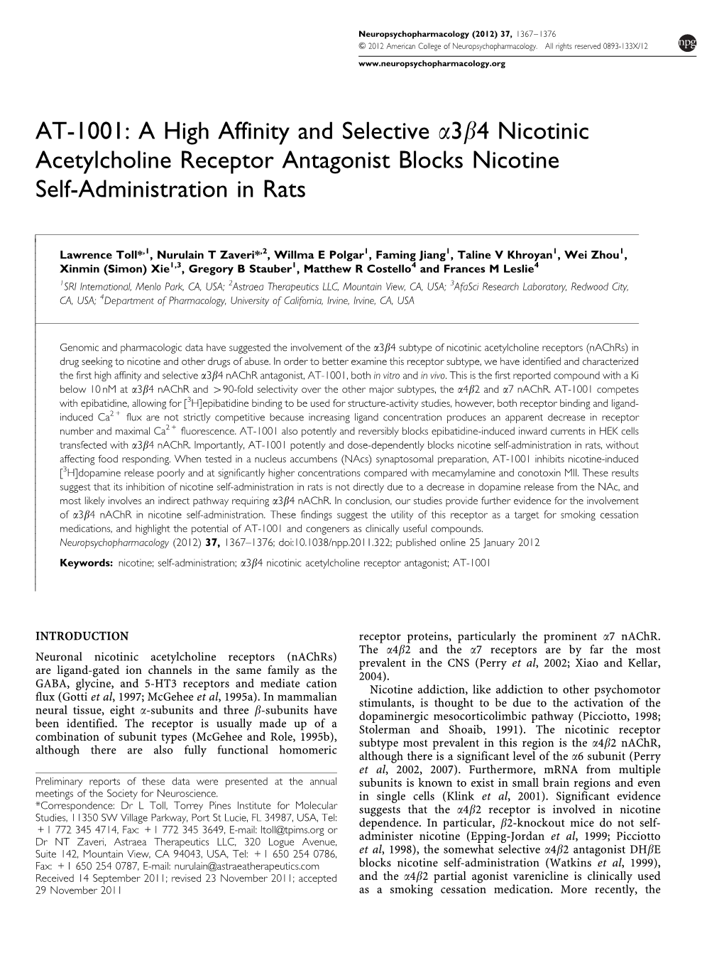 4 Nicotinic Acetylcholine Receptor Antagonist Blocks Nicotine Self-Administration in Rats