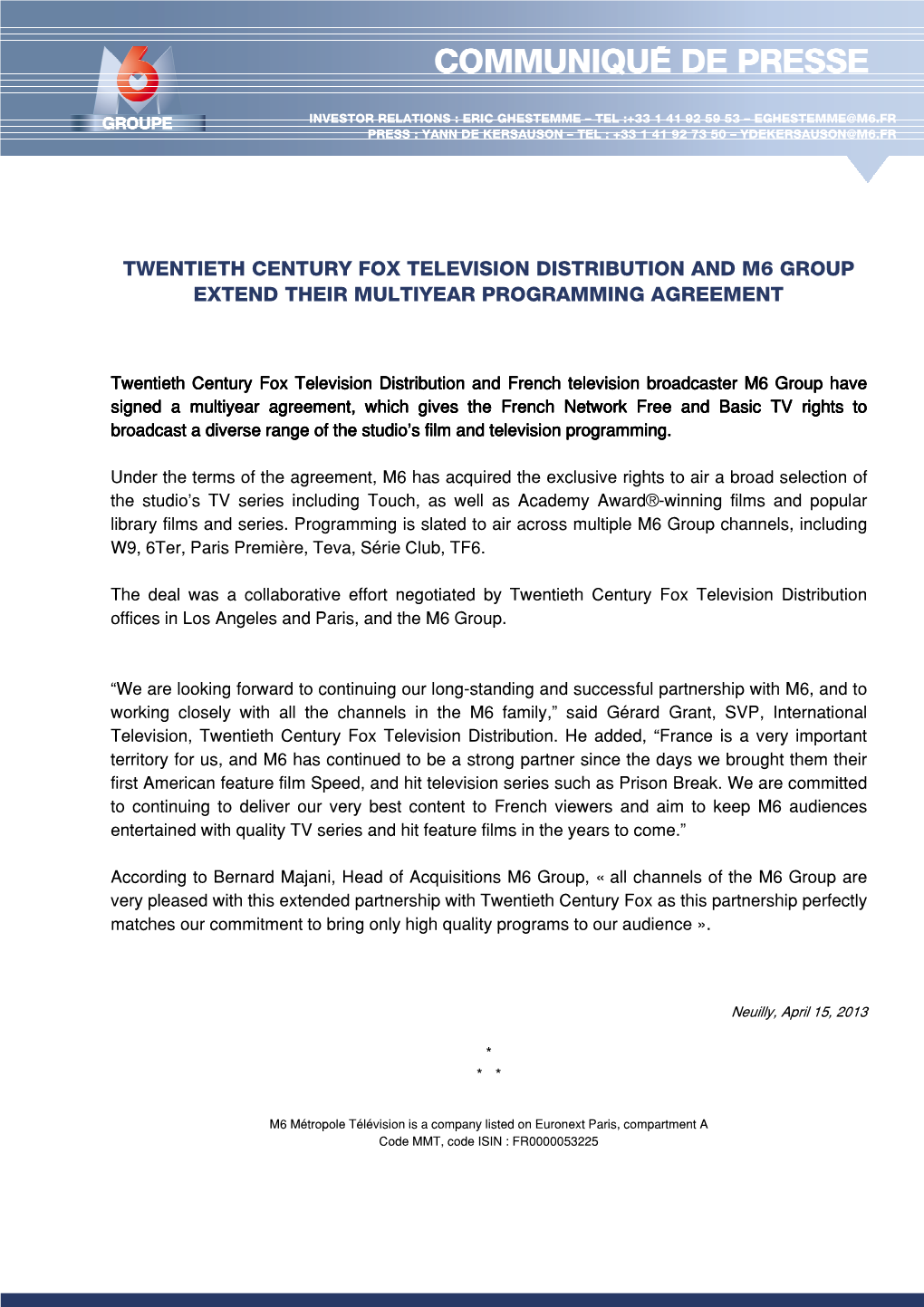 Twentieth Century Fox Television Distribution and M6 Group Extend Their Multiyear Programming Agreement