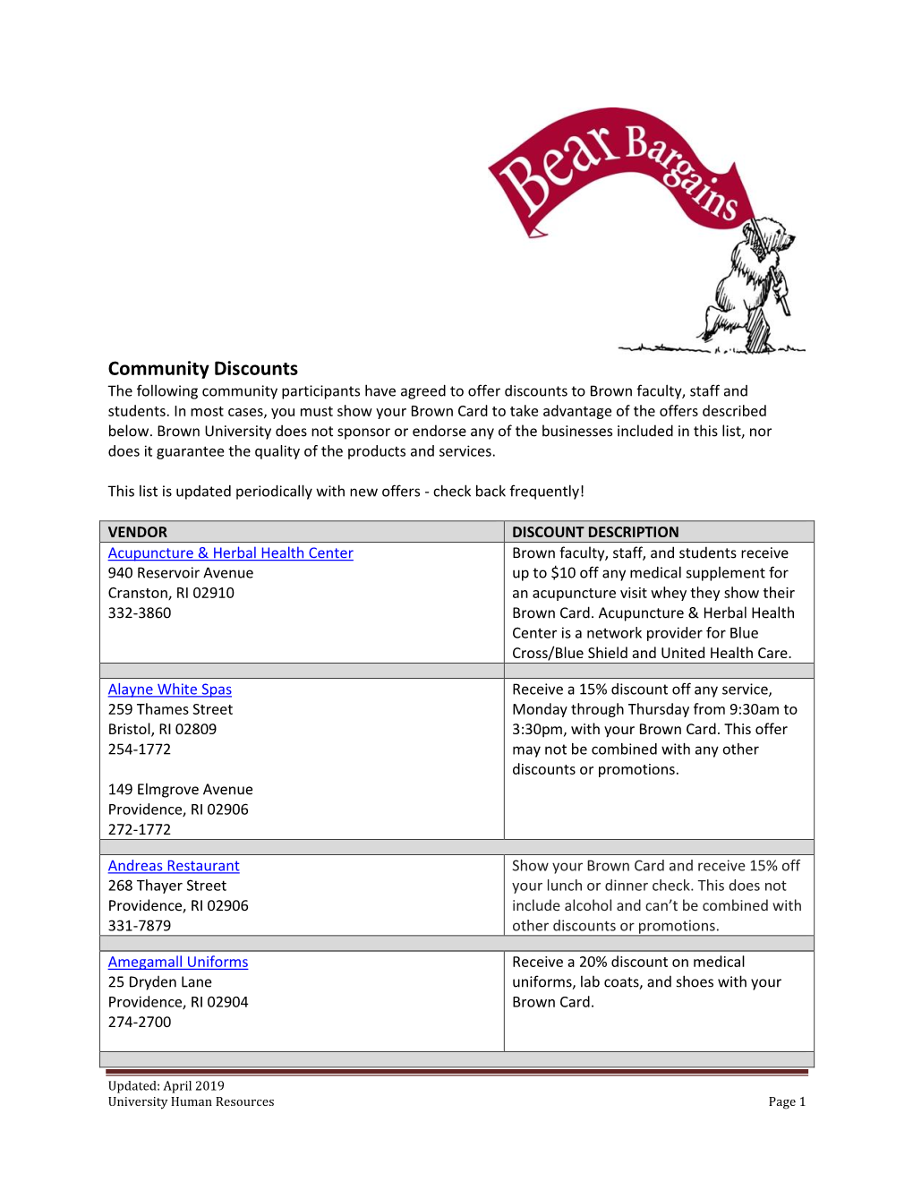 Community Discounts the Following Community Participants Have Agreed to Offer Discounts to Brown Faculty, Staff and Students