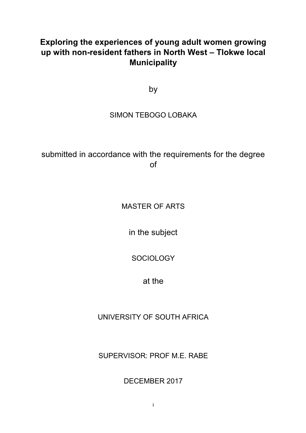 Exploring the Experiences of Young Adult Women Growing up with Non-Resident Fathers in North West – Tlokwe Local Municipality