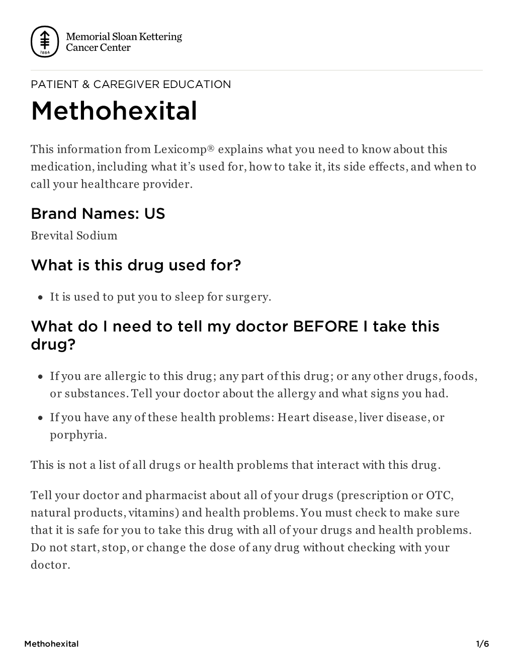 Methohexital | Memorial Sloan Kettering Cancer Center