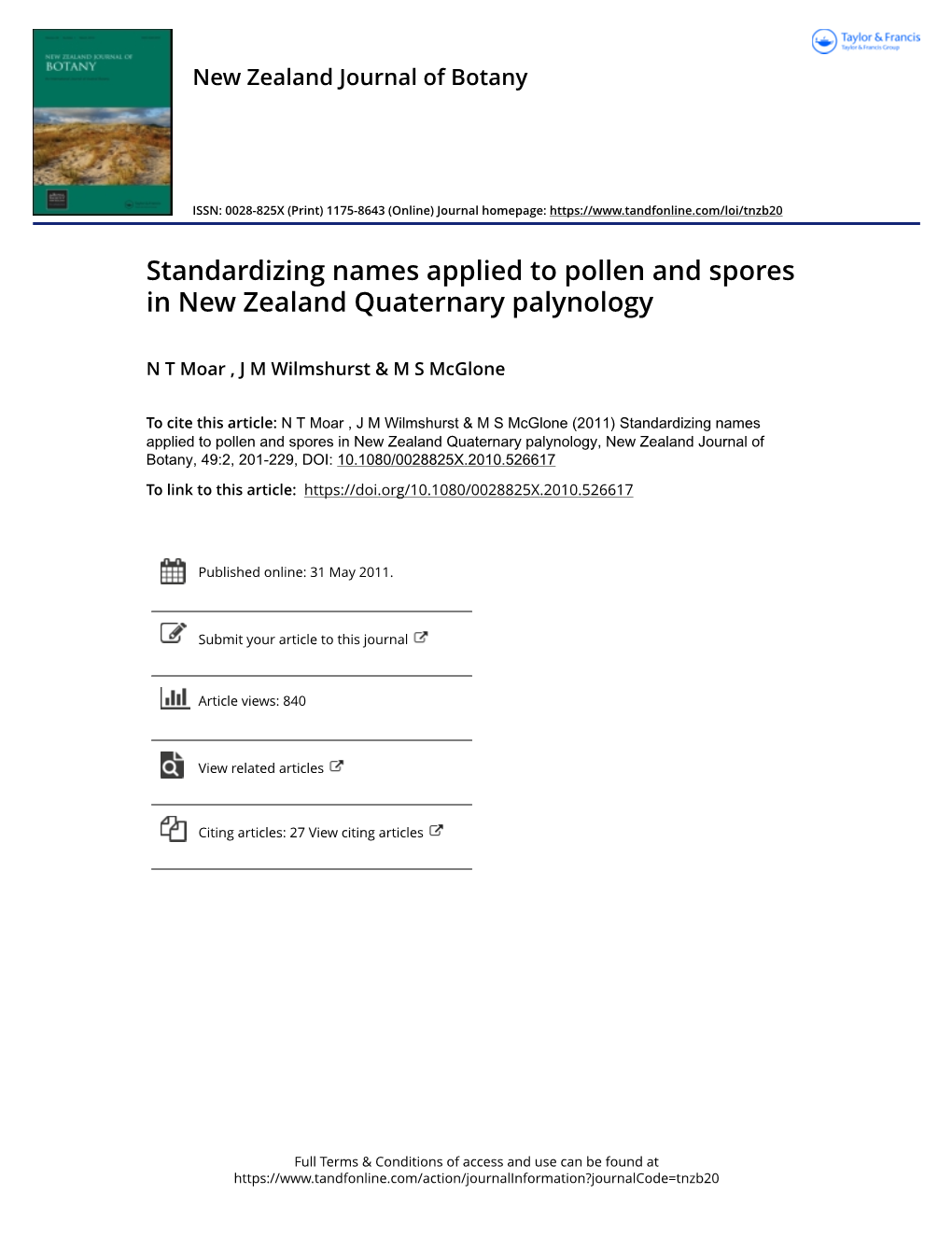 Standardizing Names Applied to Pollen and Spores in New Zealand Quaternary Palynology