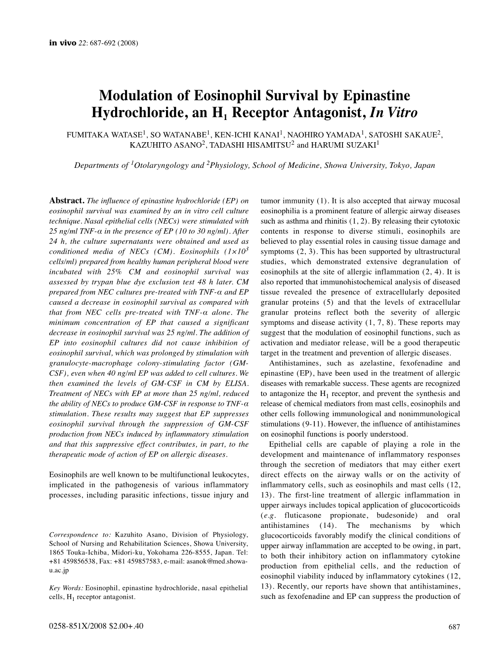 Modulation of Eosinophil Survival by Epinastine Hydrochloride, an H1