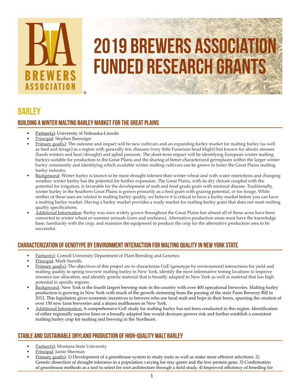 2019 Brewers Association Funded Research Grants