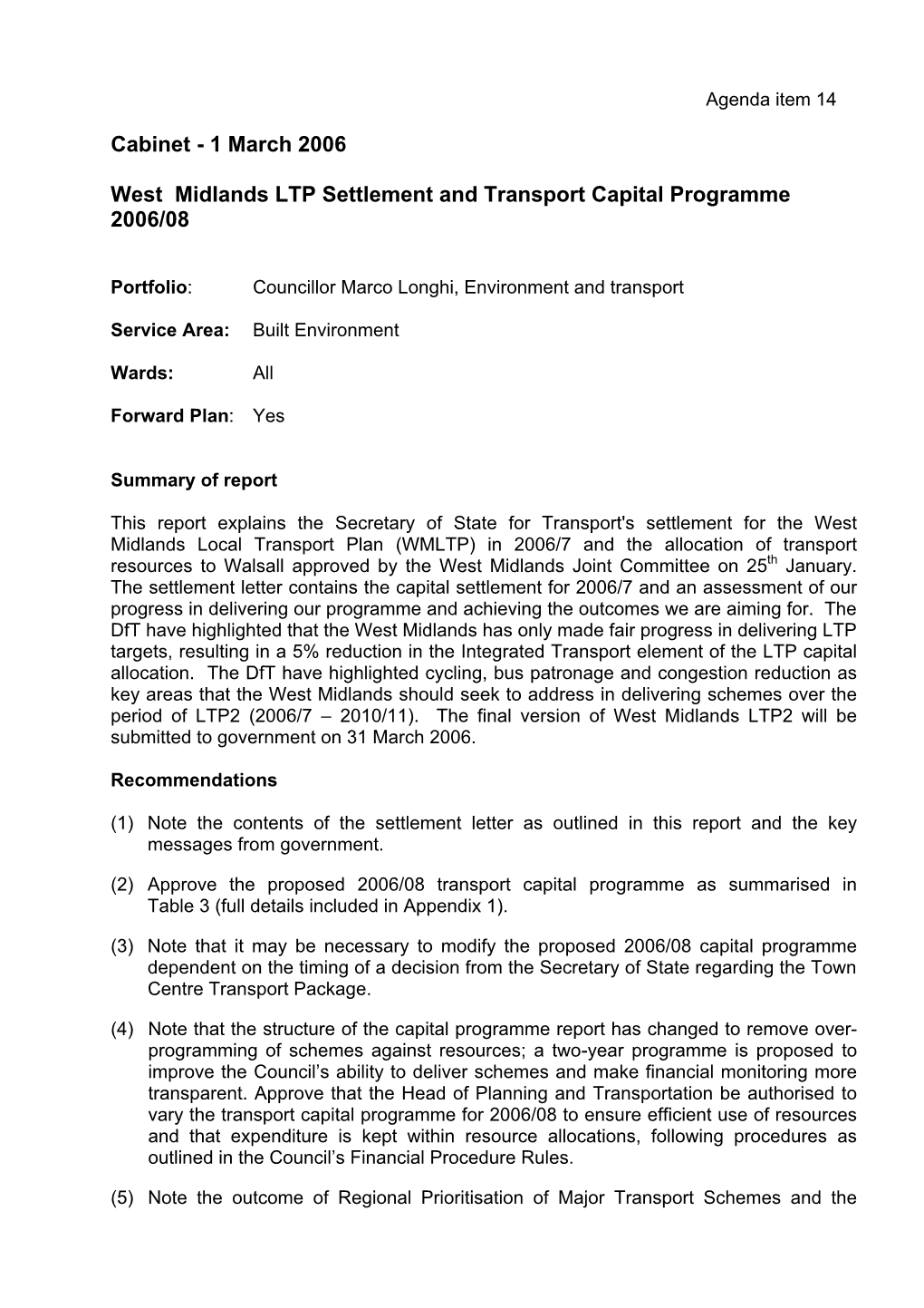 West Midlands LTP Settlement and Transport Capital Programme 2006/08