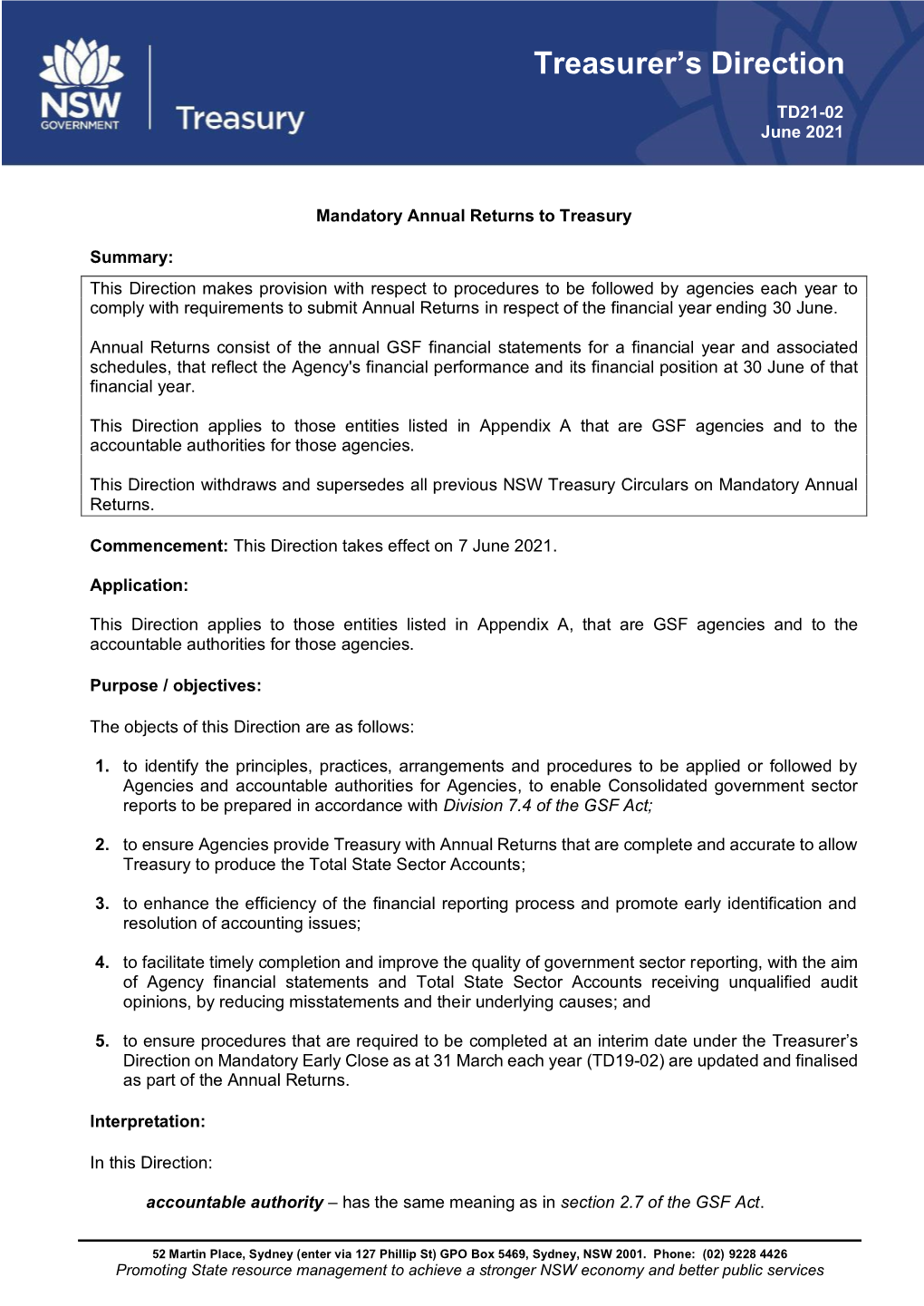 TD21-02 Treasurer's Direction for the Mandatory Annual Returns To