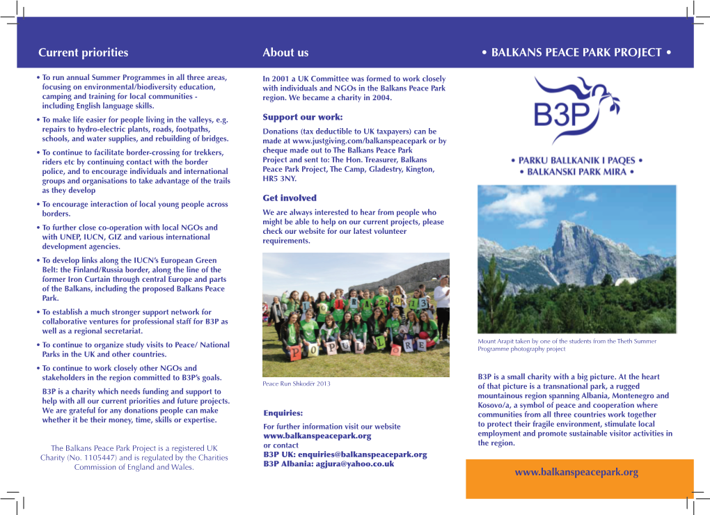 • BALKANS PEACE PARK PROJECT • About Us Current Priorities