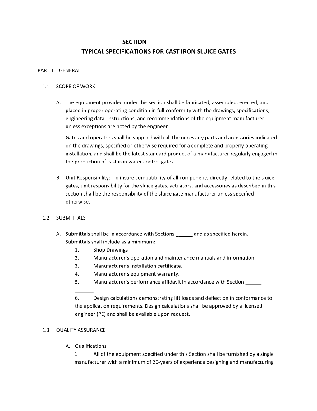 Typical Specifications for Cast Iron Sluice Gates