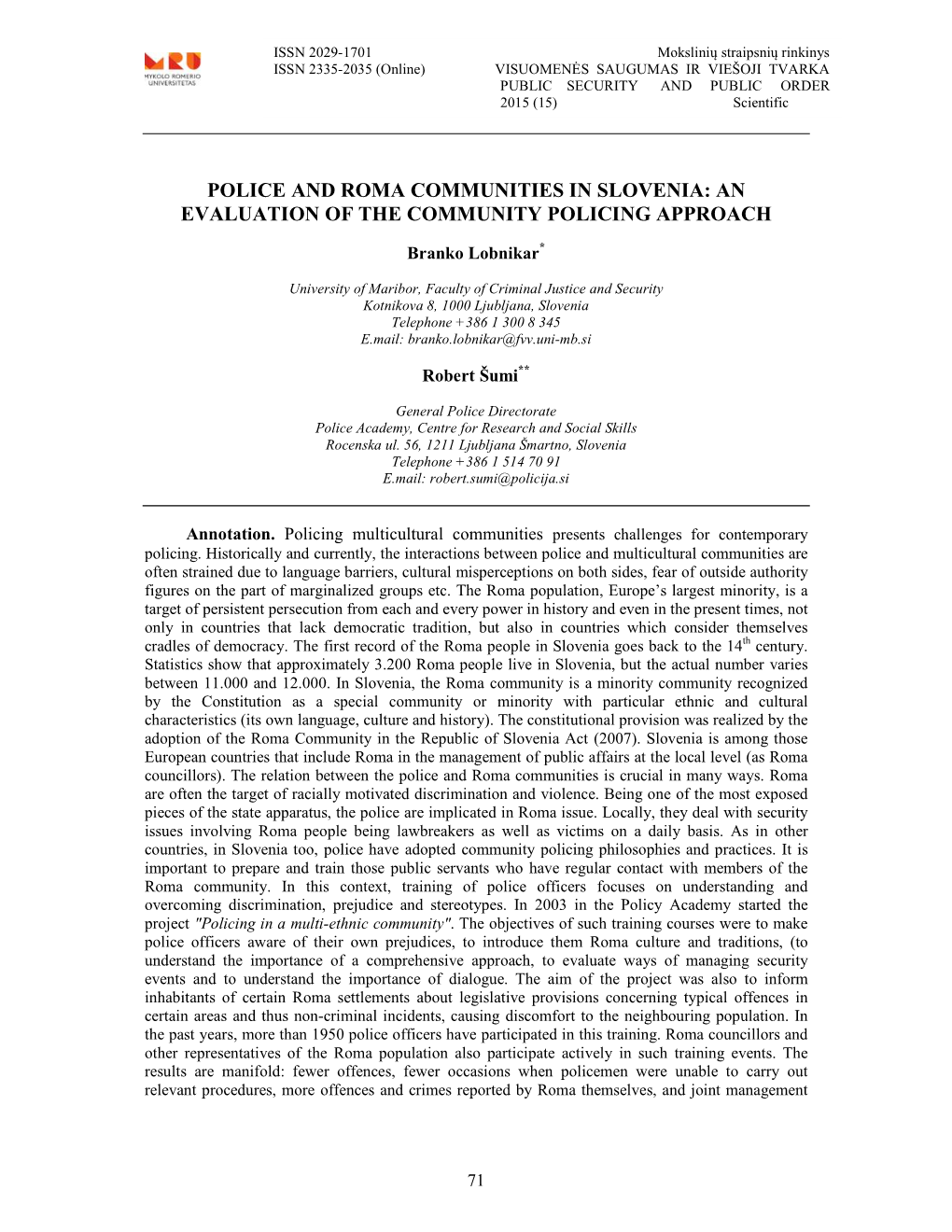 Police and Roma Communities in Slovenia: an Evaluation of the Community Policing Approach