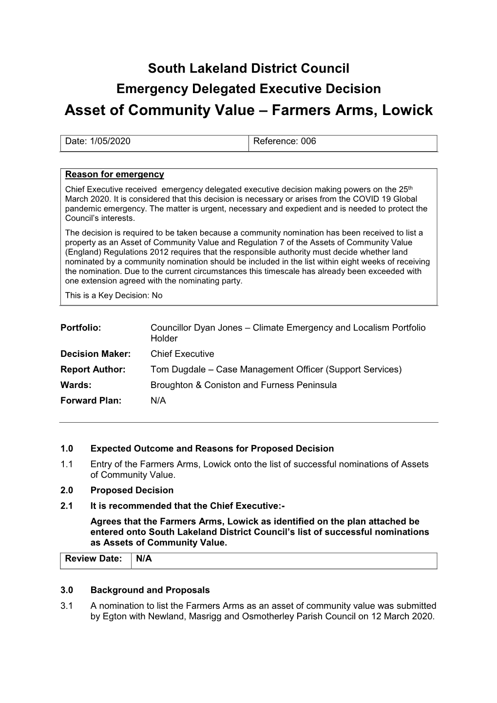 Asset of Community Value – Farmers Arms, Lowick