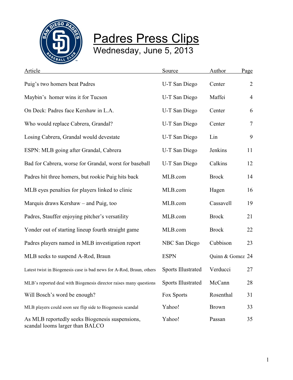 Padres Press Clips Wednesday, June 5, 2013
