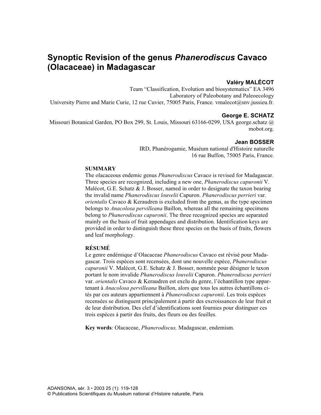 Synoptic Revision of the Genus Phanerodiscus Cavaco (Olacaceae) in Madagascar