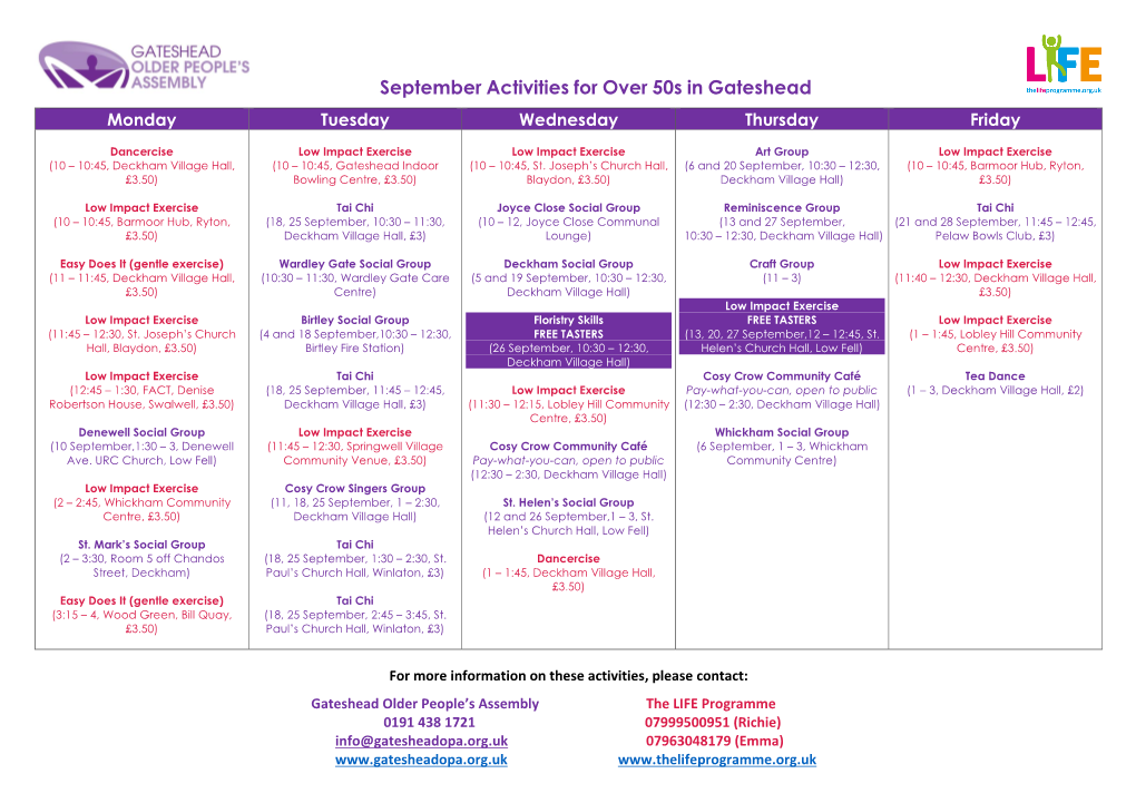 September Activities for Over 50S in Gateshead Monday Tuesday Wednesday Thursday Friday