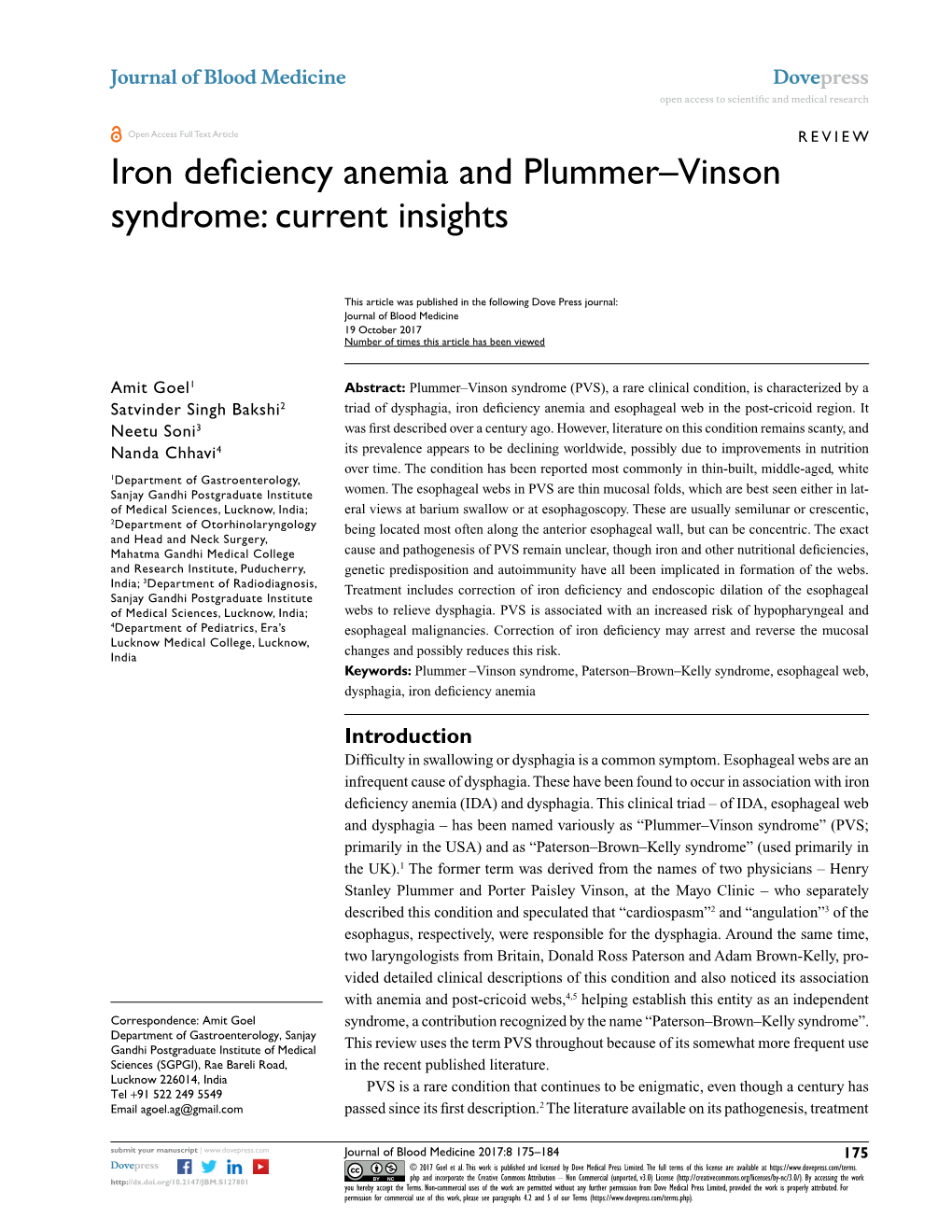 Iron Deficiency Anemia and Plummer–Vinson Syndrome: Current Insights