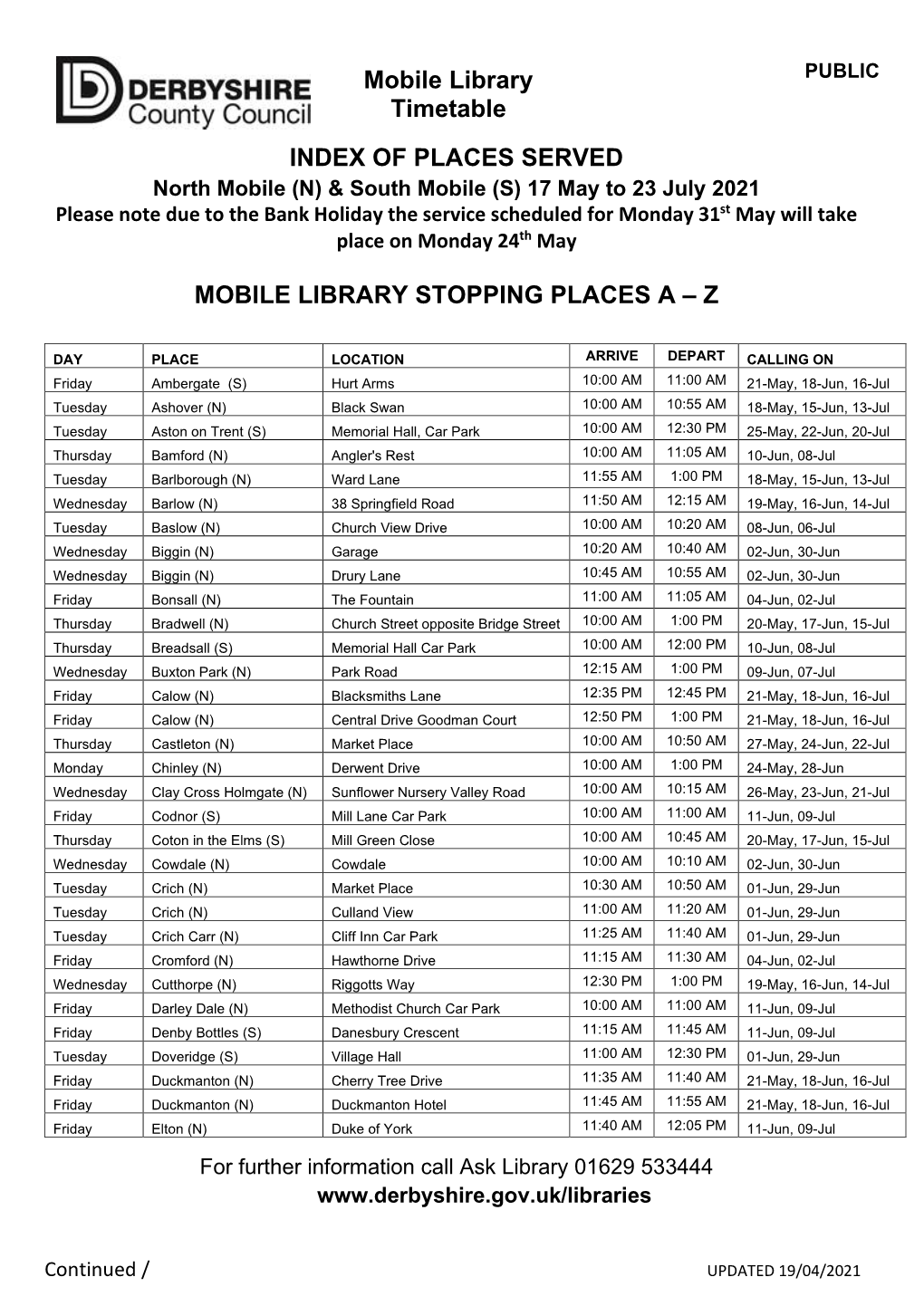 Mobile Library Index of Places Served 17 May to 23 July 2021