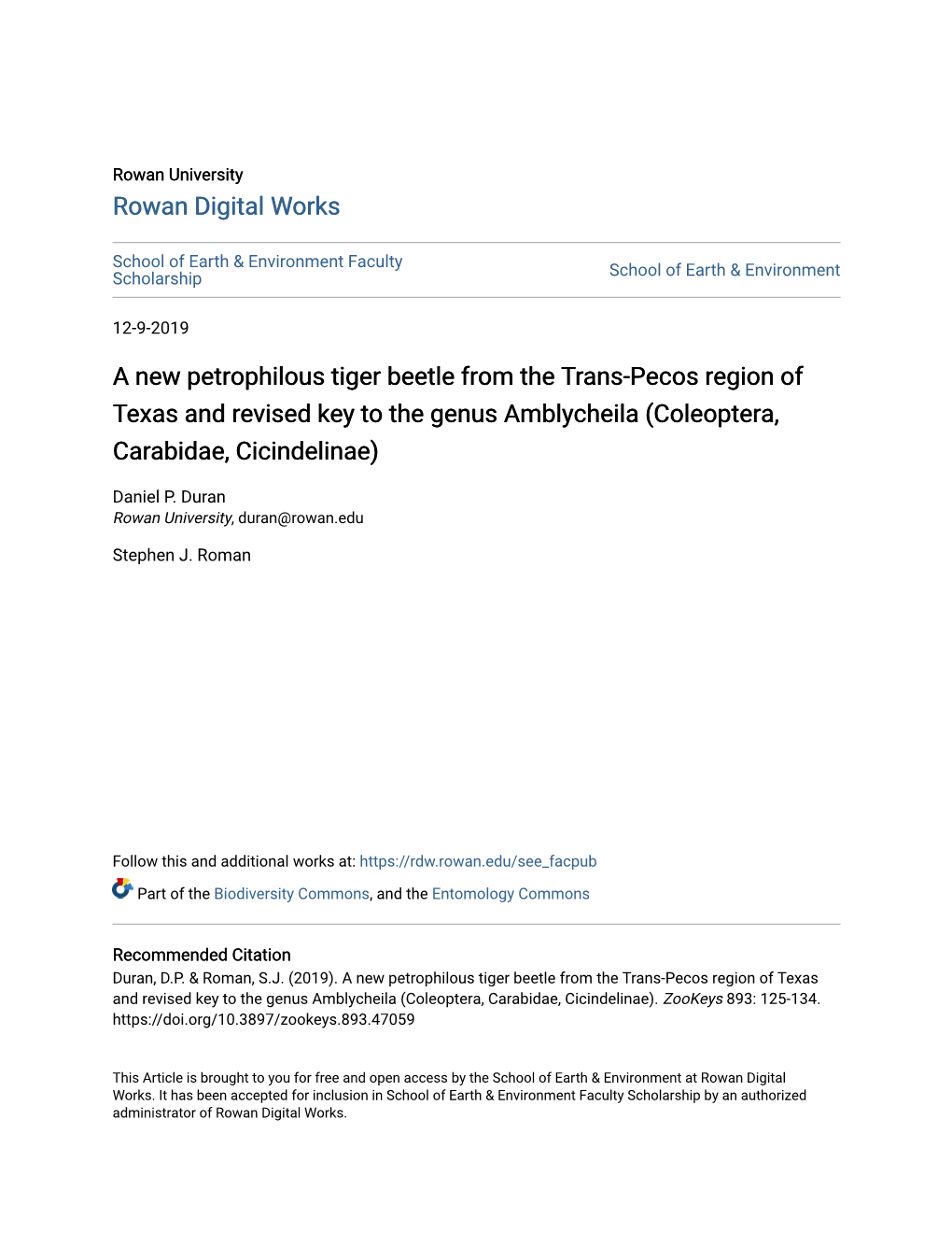 A New Petrophilous Tiger Beetle from the Trans-Pecos Region of Texas and Revised Key to the Genus Amblycheila (Coleoptera, Carabidae, Cicindelinae)