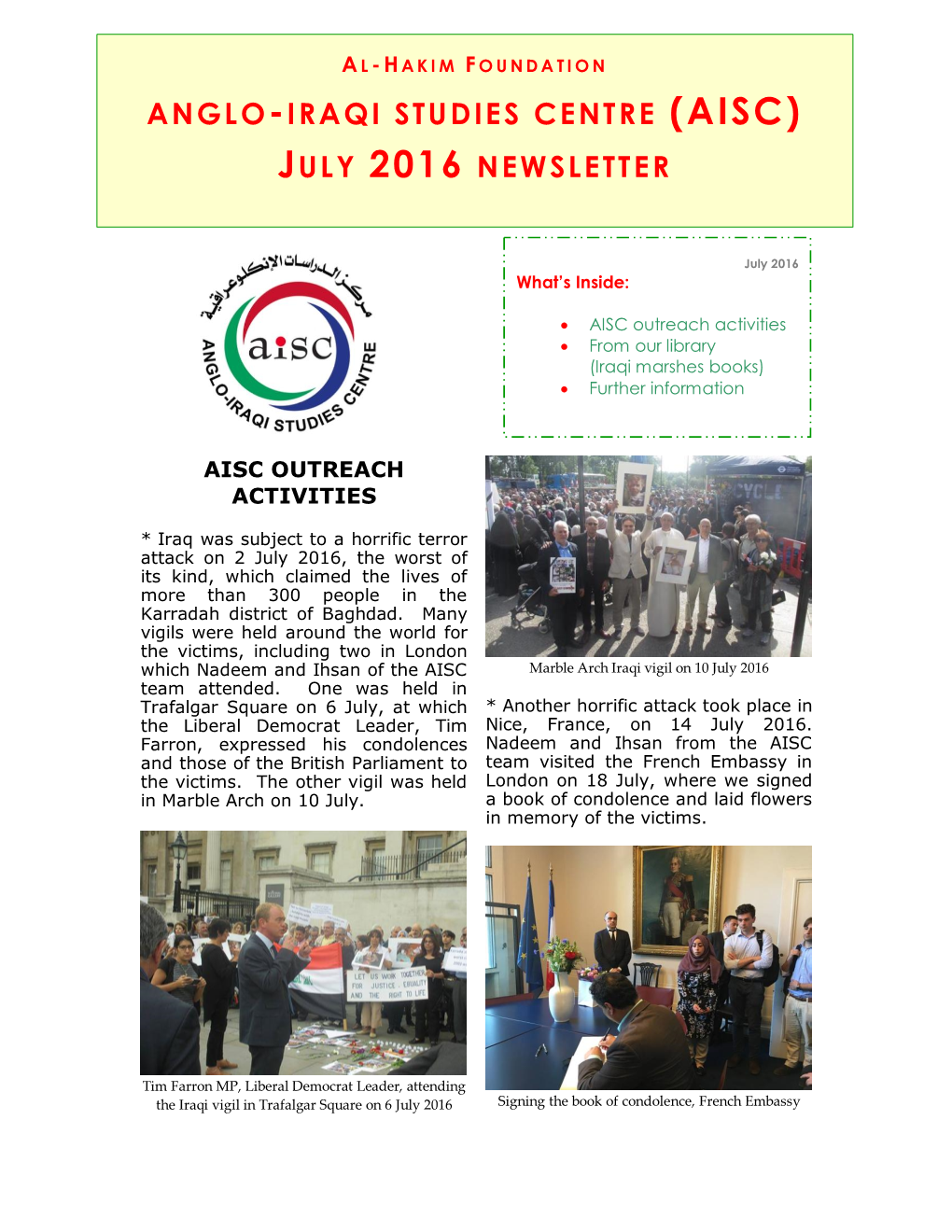 Anglo-Iraqi Studies Centre (Aisc) July 2016 Newsletter