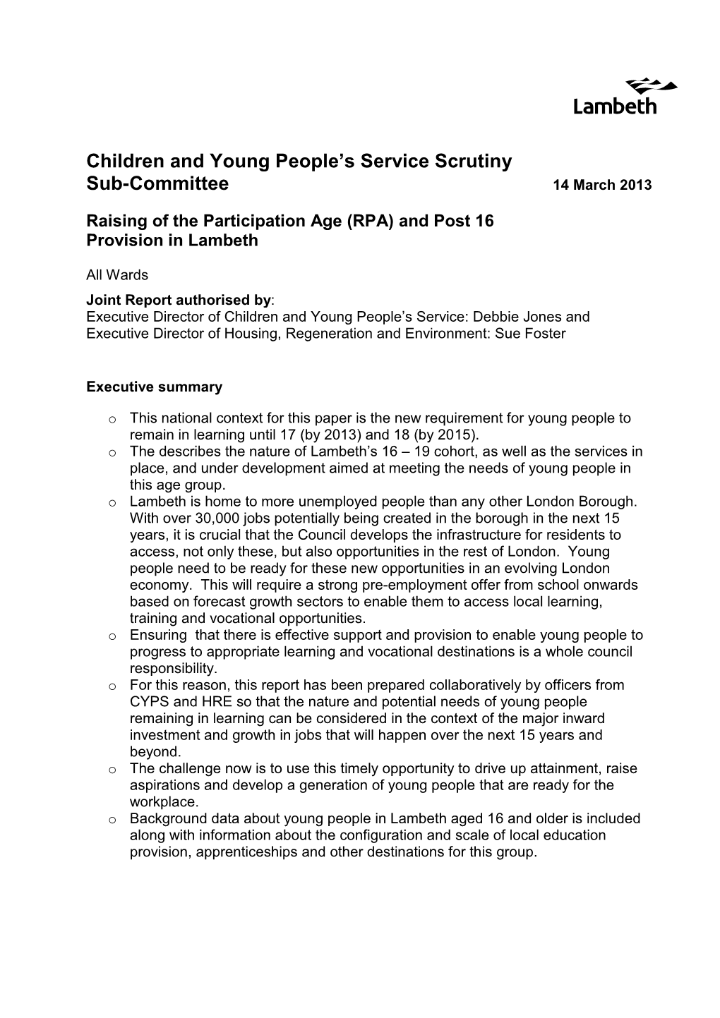 Raising of the Participation Age (RPA) and Post 16 Provision in Lambeth