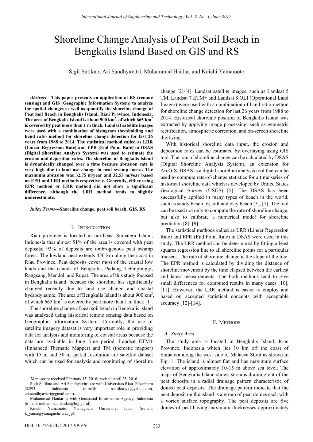 Shoreline Change Analysis of Peat Soil Beach in Bengkalis Island Based on GIS and RS