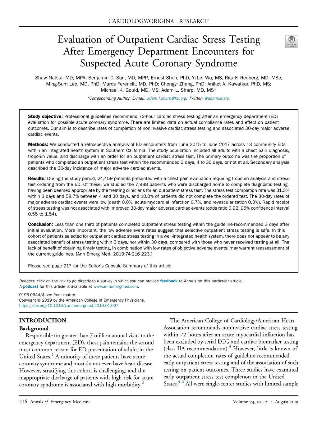 Evaluation of Outpatient Cardiac Stress Testing After Emergency Department Encounters for Suspected Acute Coronary Syndrome