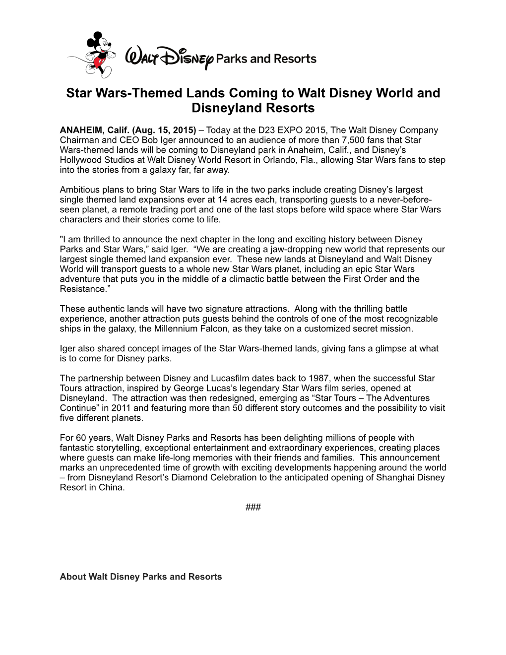 PRESS RELEASE 1 D23 Expo 2015 08 15 FINAL RELEASE