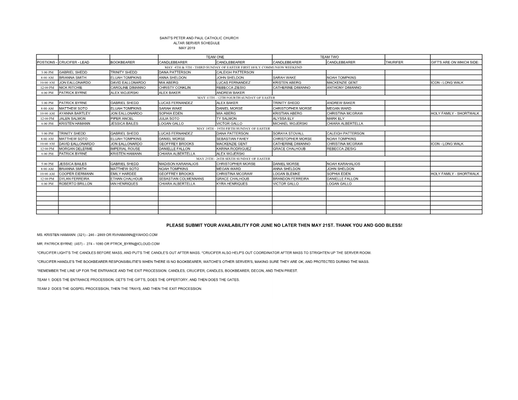 Saint Peter and Paul Schedule